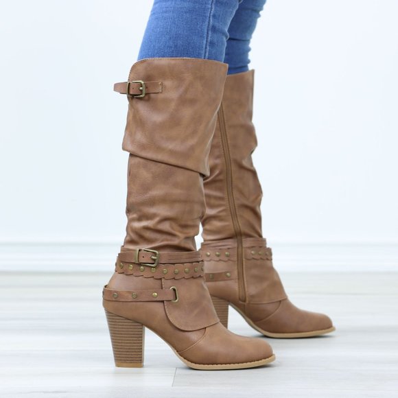 Shoes - Motorcycle Heeled Boots For Rocker Biker Girls Below The Knee Tan Faux Leather